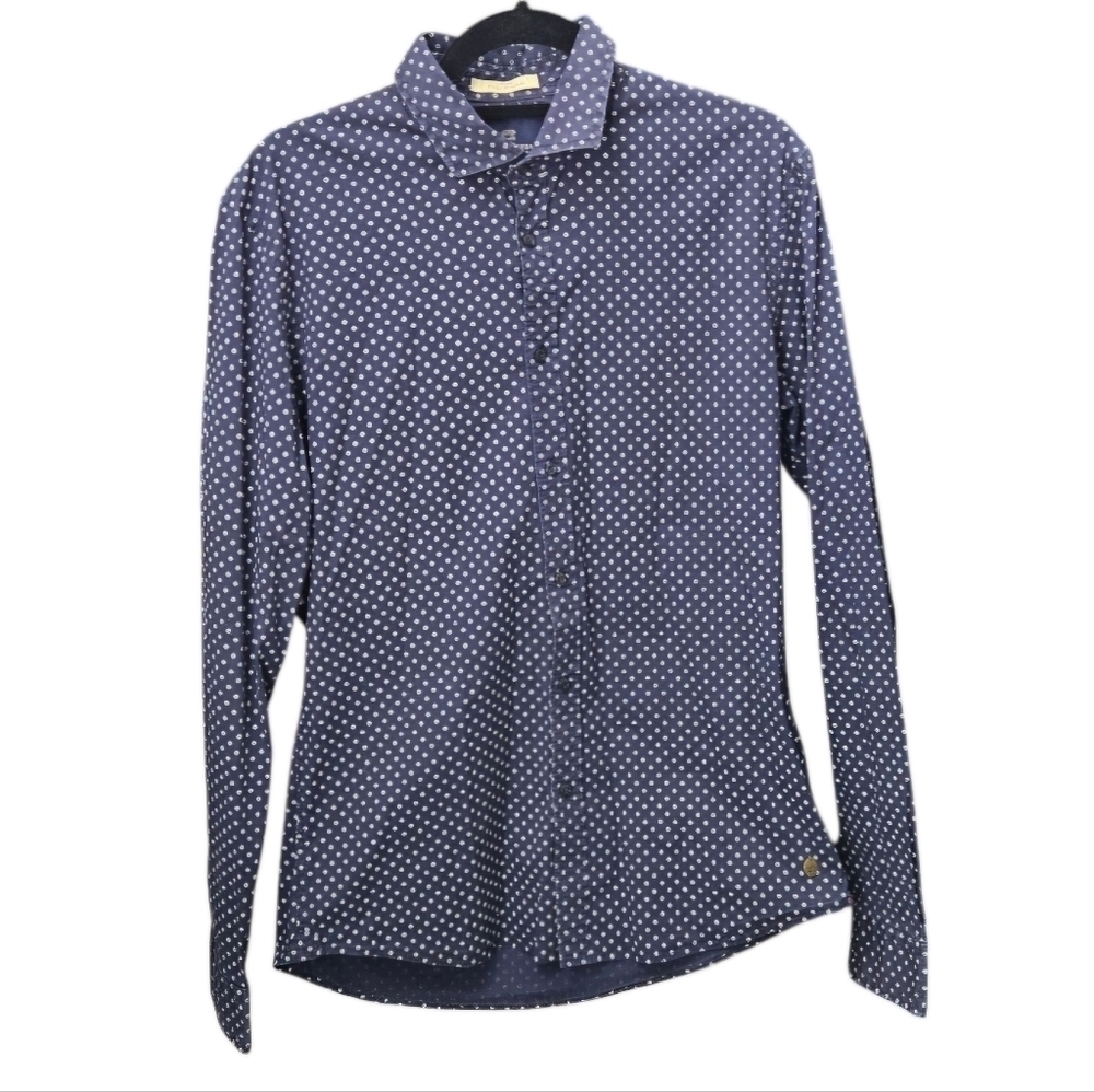 Scotch & Soda Button-down Stretch Navy/White Patterned Long-sleeve Shirt Large